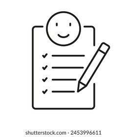 Document With Positive Emoticon Line Icon. Happy Client, Customer Satisfaction Linear Pictogram. Agreement Confirmation Outline Symbol. Good Choice Sign. Editable Stroke. Isolated Vector Illustration.