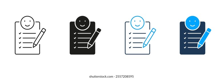 Document With Positive Emoticon Line and Silhouette Icon Set. Happy Client, Customer Satisfaction Pictogram. Agreement Confirmation Symbol. Editable Stroke. Isolated Vector Illustration.