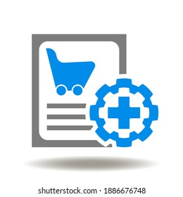 Document price with shopping basket and gear plus add vector icon. Procurement Management Product Symbol.