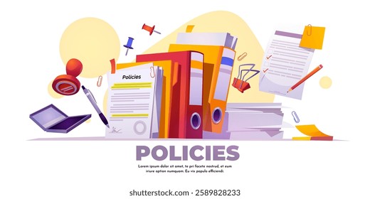 Document procedures composition with policies folder, colorful binders, stamp, signature pen, paper clips, sticky notes and checklist. Office paperwork element for business legal regulation compliance