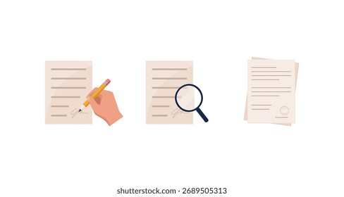 Ícones de processamento de documentos: como assinar, revisar e empilhar em um design simples