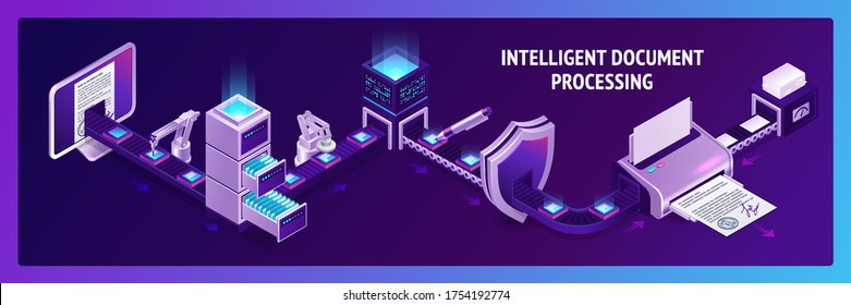 Document Processing Isometric Landing Page, Archive Docs On Conveyor Belt Office Paperwork. Robot Hands Working With Database, Drawer With Files. Business Data Administration. 3d Vector Web Banner