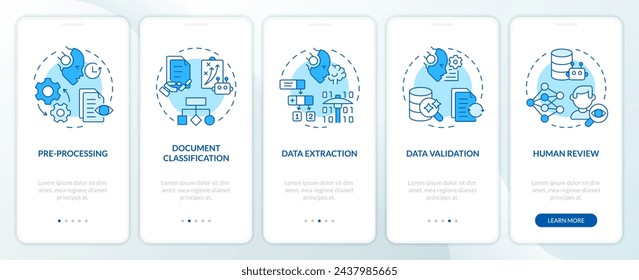 Document processing steps onboarding mobile app screen. Walkthrough 5 steps editable graphic instructions with linear concepts. UI, UX, GUI template. Myriad Pro-Bold, Regular fonts used