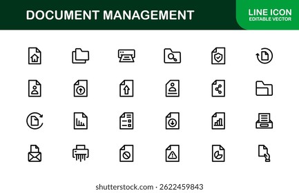 Ícones de Processamento de Documentos e Gerenciamento de Workflow. Coleta de Ícones do Sistema Básico de Manuseio de Arquivos, Arquivamento e Registro Digital