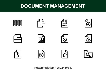 Ícones de Processamento de Documentos e Gerenciamento de Workflow. Coleta de Ícones do Sistema Básico de Manuseio de Arquivos, Arquivamento e Registro Digital