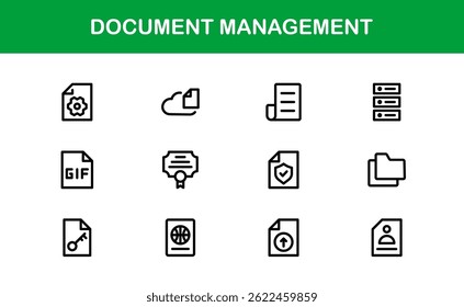 Ícones de Processamento de Documentos e Gerenciamento de Workflow. Coleta de Ícones do Sistema Básico de Manuseio de Arquivos, Arquivamento e Registro Digital