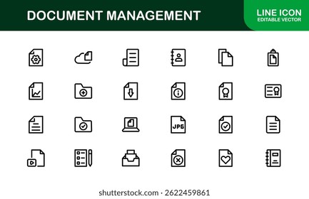 Ícones de Processamento de Documentos e Gerenciamento de Workflow. Coleta de Ícones do Sistema Básico de Manuseio de Arquivos, Arquivamento e Registro Digital