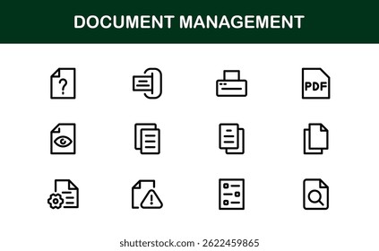 Ícones de Processamento de Documentos e Gerenciamento de Workflow. Coleta de Ícones do Sistema Básico de Manuseio de Arquivos, Arquivamento e Registro Digital