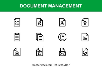 Ícones de Processamento de Documentos e Gerenciamento de Workflow. Coleta de Ícones do Sistema Básico de Manuseio de Arquivos, Arquivamento e Registro Digital