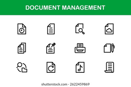 Ícones de Processamento de Documentos e Gerenciamento de Workflow. Coleta de Ícones do Sistema Básico de Manuseio de Arquivos, Arquivamento e Registro Digital
