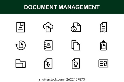 Ícones de Processamento de Documentos e Gerenciamento de Workflow. Coleta de Ícones do Sistema Básico de Manuseio de Arquivos, Arquivamento e Registro Digital