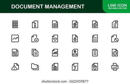 Ícones de Processamento de Documentos e Gerenciamento de Workflow. Coleta de Ícones do Sistema Básico de Manuseio de Arquivos, Arquivamento e Registro Digital