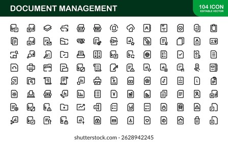 Ícones de Processamento de Documentos e Gerenciamento de Workflow. Coleta de Ícones do Sistema Básico de Manuseio de Arquivos, Arquivamento e Registro Digital