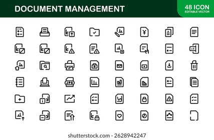 Ícones de Processamento de Documentos e Gerenciamento de Workflow. Coleta de Ícones do Sistema Básico de Manuseio de Arquivos, Arquivamento e Registro Digital