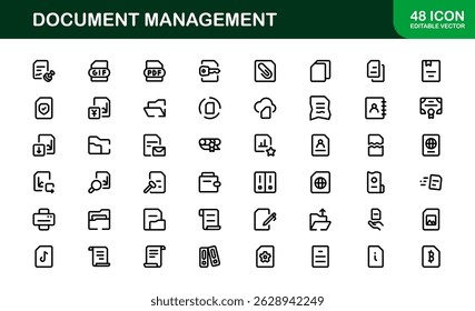 Ícones de Processamento de Documentos e Gerenciamento de Workflow. Coleta de Ícones do Sistema Básico de Manuseio de Arquivos, Arquivamento e Registro Digital