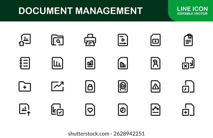 Ícones de Processamento de Documentos e Gerenciamento de Workflow. Coleta de Ícones do Sistema Básico de Manuseio de Arquivos, Arquivamento e Registro Digital