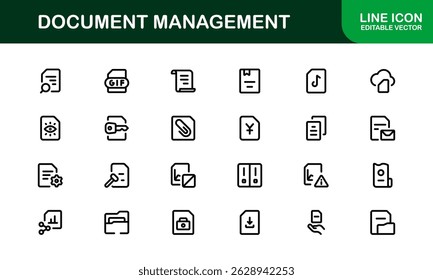 Ícones de Processamento de Documentos e Gerenciamento de Workflow. Coleta de Ícones do Sistema Básico de Manuseio de Arquivos, Arquivamento e Registro Digital