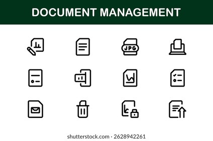 Ícones de Processamento de Documentos e Gerenciamento de Workflow. Coleta de Ícones do Sistema Básico de Manuseio de Arquivos, Arquivamento e Registro Digital