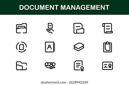 Ícones de Processamento de Documentos e Gerenciamento de Workflow. Coleta de Ícones do Sistema Básico de Manuseio de Arquivos, Arquivamento e Registro Digital