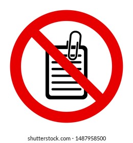 Document and prohibition sign on white