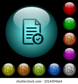 Document protected icons in color illuminated spherical glass buttons on black background. Can be used to black or dark templates