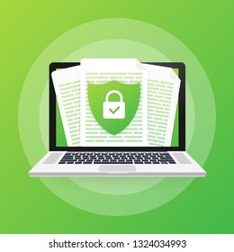 Document protection concept, confidential information and privacy. Secure data with paper doc roll and guard shield. Vector stock illustration.