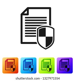 Document protection concept icon on white background. Confidential information and privacy idea, secure data with paper doc roll and guard shield. Set icon in color square buttons. Vector Illustration