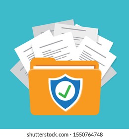 Document protection concept, secure data with paper documents and guard shield vector illustration