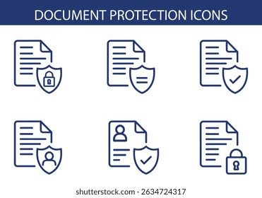 Document Protection Icons Set – Secure File, Privacy, Lock, Data Safety Vector Symbols.