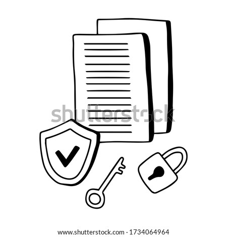 Document protection vector illustration. Doodle scandinavian style. Papers, shield, key and padlock on white background. Data safe, personal confidential concept.