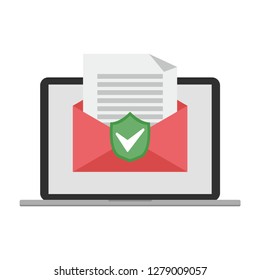 Document protection from viruses, email protection. Receipt of the document by email. Vector illustration.