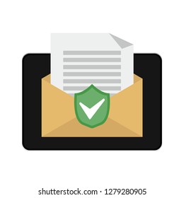 Document protection from viruses, email protection. Receipt of the document by email. Vector illustration.