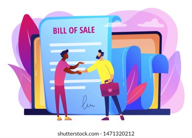 Document for purchase. Customer and purchaser deal. Buying contract. Bill of sale, written selling document, execution of a sales contract concept. Bright vibrant violet vector isolated illustration