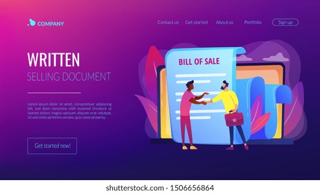 Document for purchase. Customer and purchaser deal. Buying contract. Bill of sale, written selling document, execution of a sales contract concept. Website homepage landing web page template.