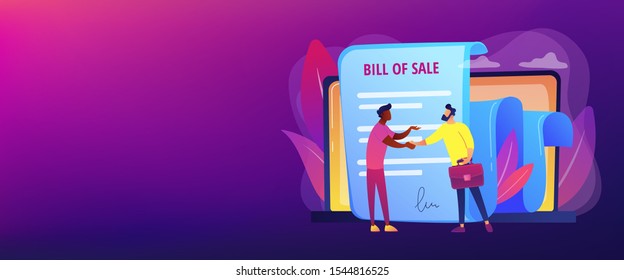 Document for purchase. Customer and purchaser deal. Buying contract. Bill of sale, written selling document, execution of a sales contract concept. Header or footer banner template with copy space..