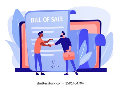 Document for purchase. Customer and purchaser deal. Buying contract. Bill of sale, written selling document, execution of a sales contract concept. Pink coral blue vector isolated illustration