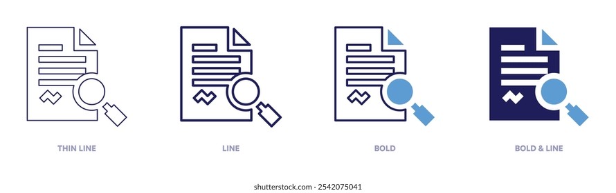 Icono de comprobación de la calidad del documento en 4 estilos diferentes. Línea delgada, línea, negrita y línea negrita. Estilo duotono. Trazo editable.
