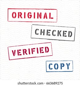 Document Rectangle Stamps Checked Copy Original Verified Vector Collection - Pad Ink Colored Letters and Frames on White Wavy Texture Background - Rubber Stamp Design