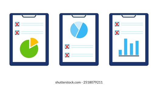 Document with red crosses. Checklist icon set with graph on white background