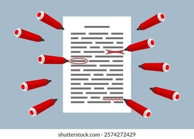 Document with red markings, and many markers around it. Concept of grammar and spelling check of text, misspellings detection and correction, proofreading, spell checker software