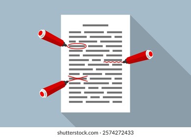 Document with red markings, and markers around it. Concept of grammar and spelling check of text, misspellings detection and correction, proofreading, spell checker software