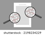 Document and red markings seen through magnifying glasses. Concept of grammar and spelling check of text, misspellings detection and correction, proofreading, spell checker software