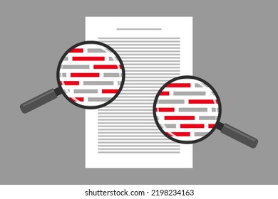 Document And Red Markings Seen Through Magnifying Glasses. Concept Of Grammar And Spelling Check Of Text, Misspellings Detection And Correction, Proofreading, Spell Checker Software