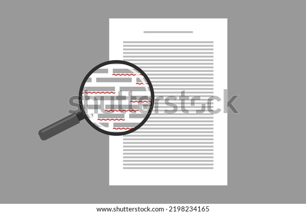 Document and red\
markings seen through magnifying glass. Concept of grammar and\
spelling check of text, misspellings detection and correction,\
proofreading, spell checker\
software