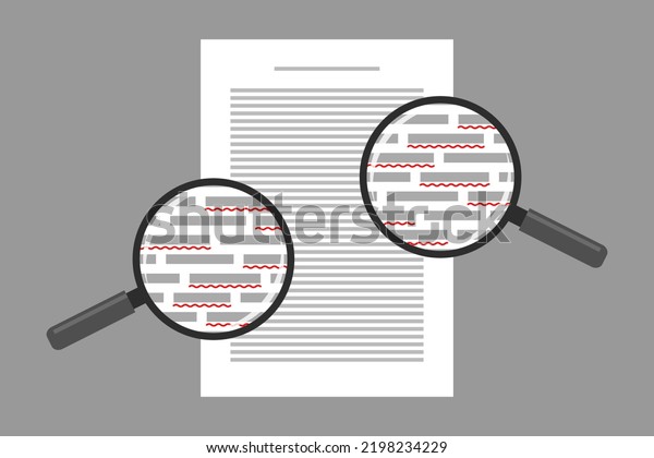 Document\
and red markings seen through magnifying glasses. Concept of\
grammar and spelling check of text, misspellings detection and\
correction, proofreading, spell checker\
software