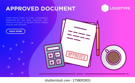 Document with red stamp Approved. Calculator, cup of coffee, pencil on the table. Vector illustration.