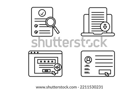 Document related icons set. Document preview, sig in, register, upload document icon.