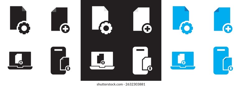 Ícones relacionados ao documento.  Vetor para sites, interfaces móveis, apresentações, banner, marca visual etc. Ilustração vetorial. isolada no plano de fundo branco e preto. EPS 10