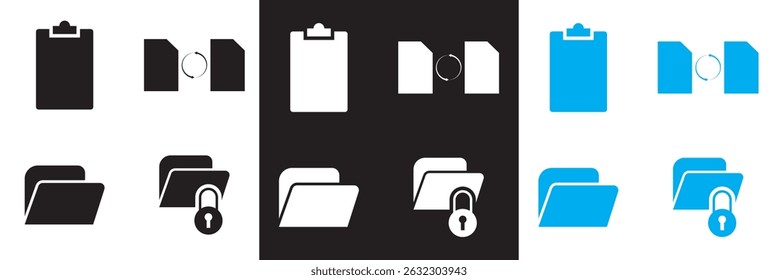 Ícones relacionados ao documento.  Vetor para sites, interfaces móveis, apresentações, banner, marca visual etc. Ilustração vetorial. isolada no plano de fundo branco e preto. EPS 10