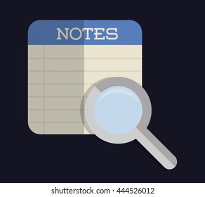 Document represented by piece of paper for notes with lupe icon. Colorfull and flat illustration